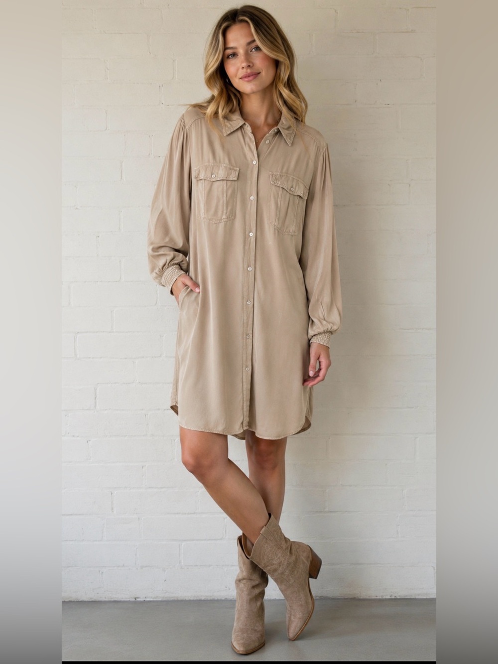 easel Beige Mineral Wash Utility Shirt Mini Dress Boho Safari Size L